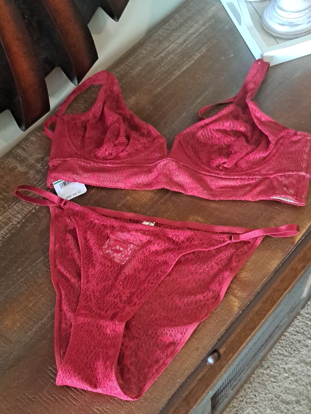 Free People Brick Red Lace Bra and Matching Panty Set Size LARGE